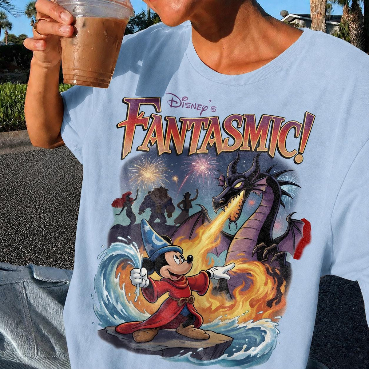 Retro Fantasmic Sorcerer Mickey Fighting Dragon Scene — Gildan Sweatshirt fan art by Snagva (3)