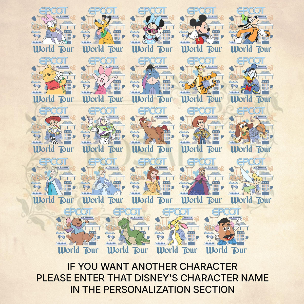 All Characters Disney EPCOT World Tour — Bella+Canvas Tee fan art by Snagva (4)