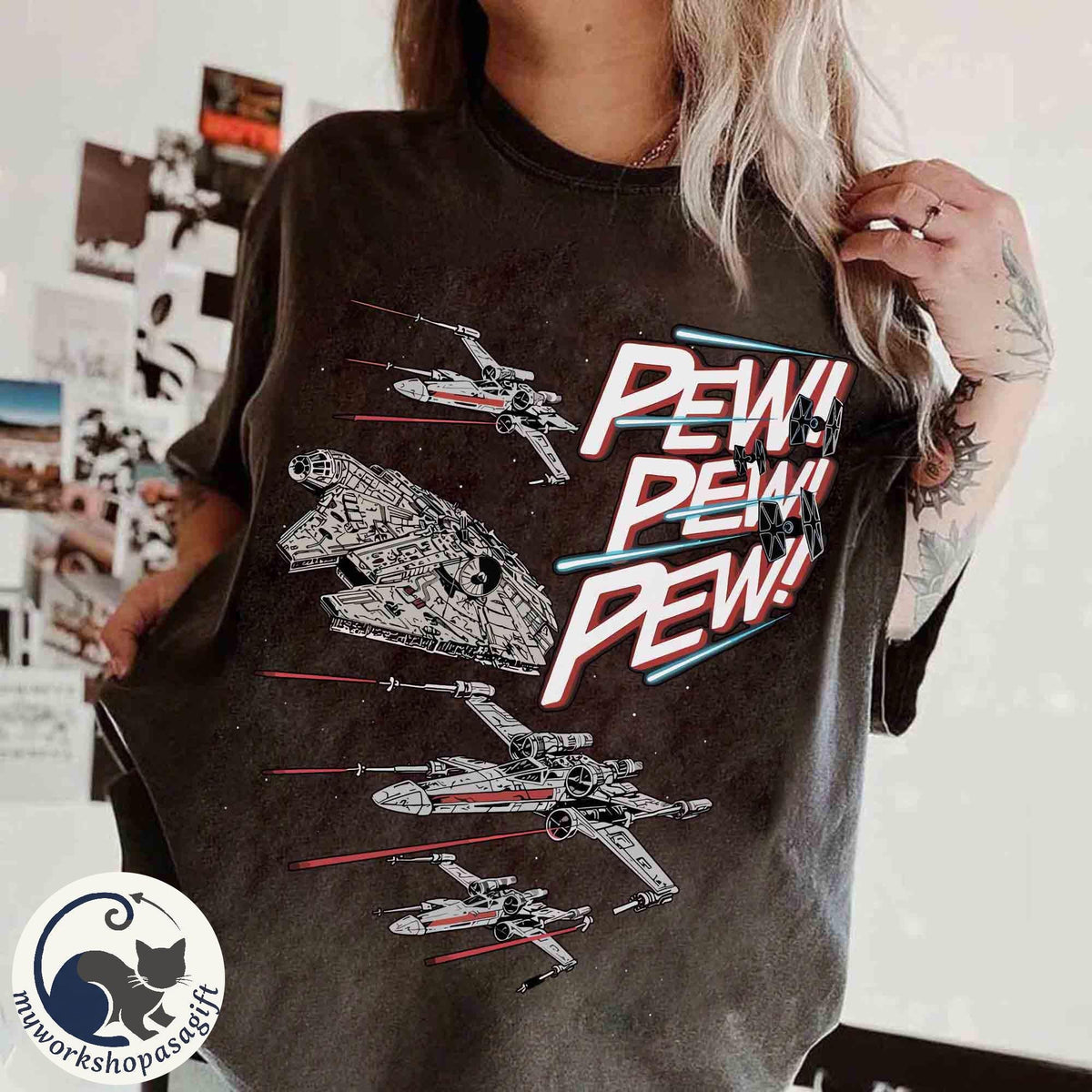Retro Star Wars Starship Battle Pew Pew Pew — Gildan Sweatshirt fan art by Snagva (2)