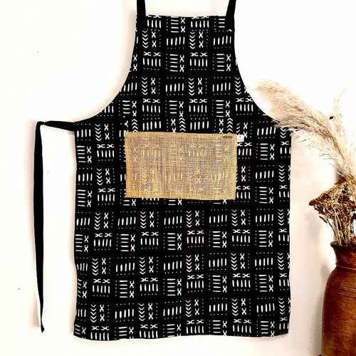 The Mashona, Adjustable, Burlap Pocket, Wax Print Aprons