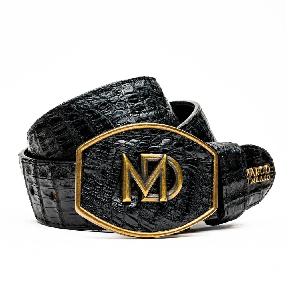 Close-up of black caiman crocodile skin belt showing natural scale pattern and antique brass buckle
