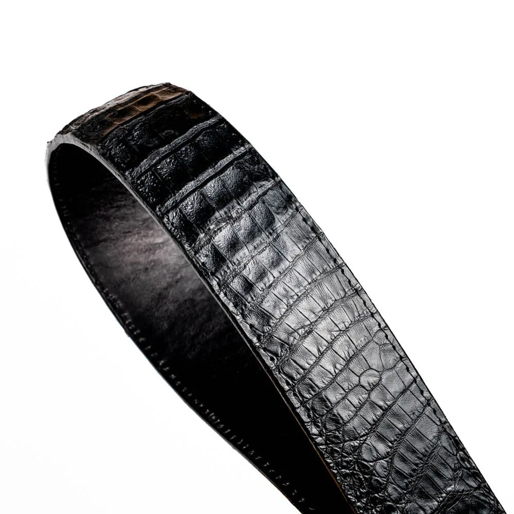 Hand-stained gradient full-grain leather lining inside black crocodile belt