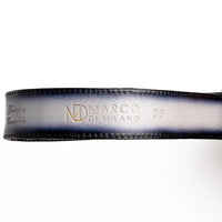 Side view of gray crocodile belt focusing on textured leather and metal buckle.