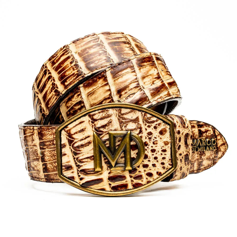 Close-up of the Iowa Belt in Orix color made from genuine caiman crocodile skin displaying natural scale patterns.