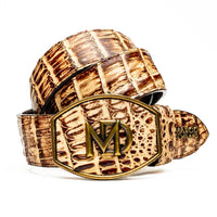 Close-up of the Iowa Belt in Orix color made from genuine caiman crocodile skin displaying natural scale patterns.
