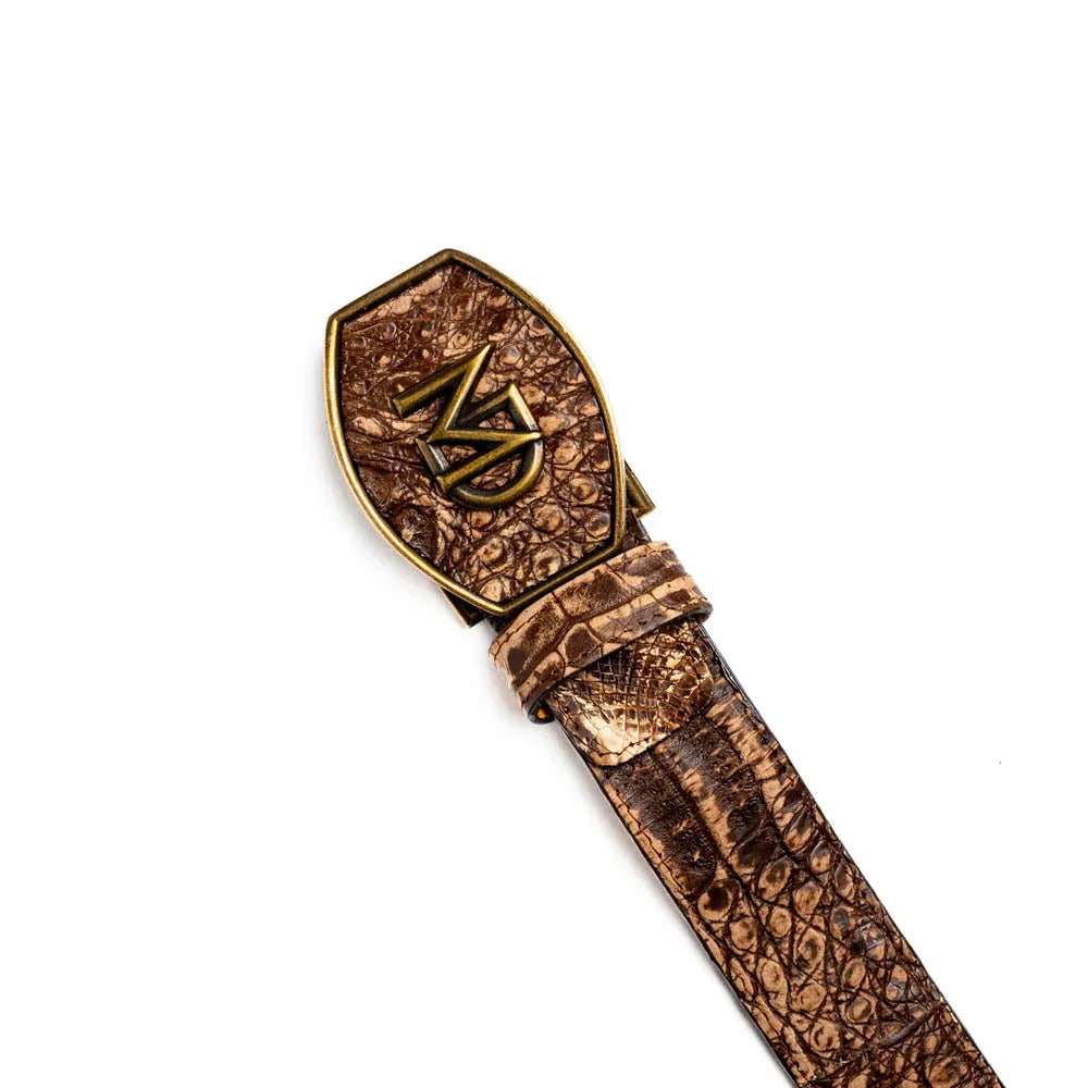 Iowa Belt displayed flat highlighting natural caiman crocodile scale pattern and hand-stained leather lining.