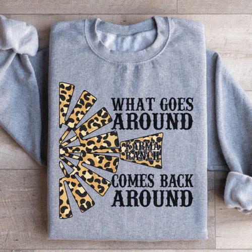 Karma Ranch sweatshirt laid flat showing full design and warm, cozy fleece fabric