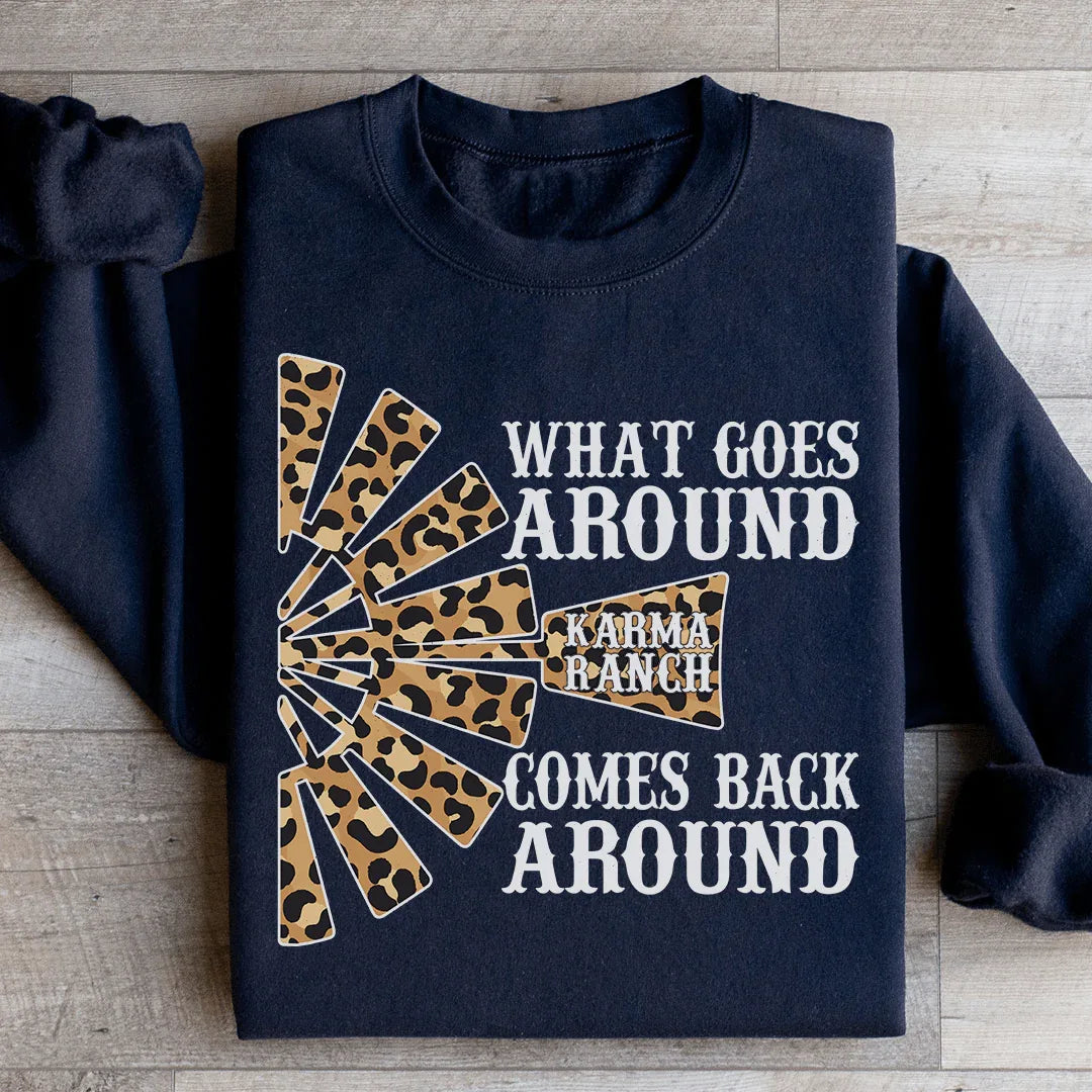 Peach-colored Karma Ranch sweatshirt with cozy fleece lining and adjustable cuffs