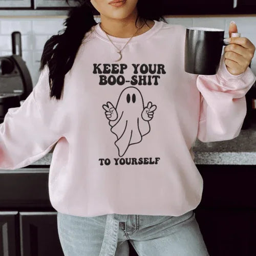 Light pink sweatshirt with bold white text 'Keep Your Boo Shit To Yourself' on front.
