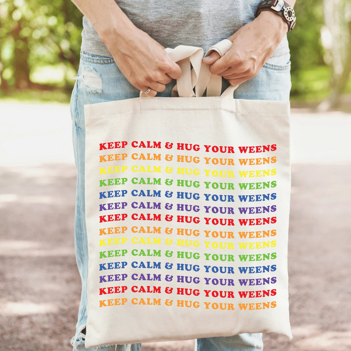 Keep Calm Wiener Dog Tote bag displayed flat showing full colorful graphic of a happy wiener dog.