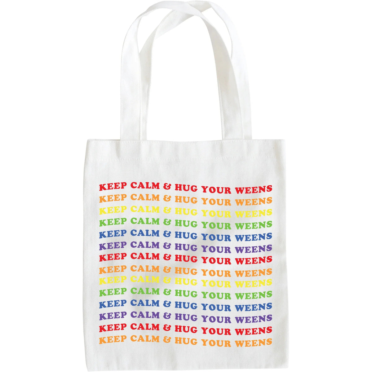 Close-up of Keep Calm Wiener Dog Tote bag with red handles and dog design on cream background.