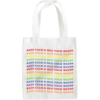 Detailed view of cream tote bag with colorful wiener dog graphic and inspirational Keep Calm message.