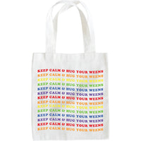 Close-up of Keep Calm Wiener Dog Tote bag with red handles and dog design on cream background.