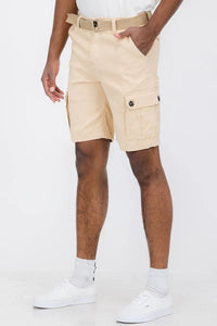 Close-up of khaki belted cargo shorts showing side cargo pocket and belt detail.