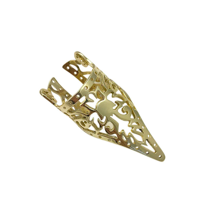 Close-up of a polished gold Khmer Temple ring with traditional pattern on white background
