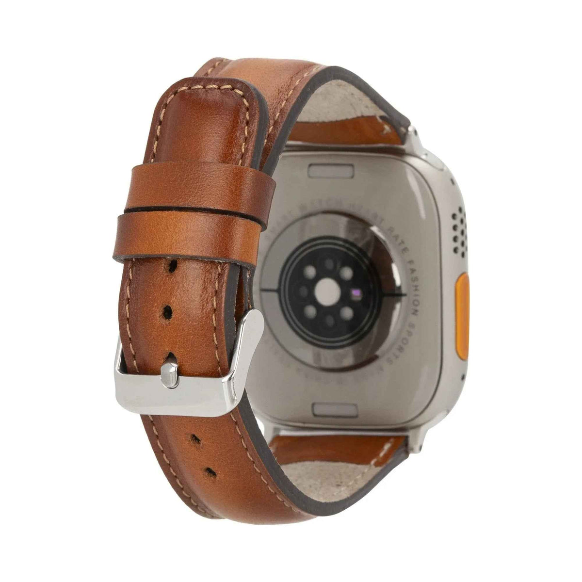 Tan genuine leather Apple Watch band displayed flat on white background.