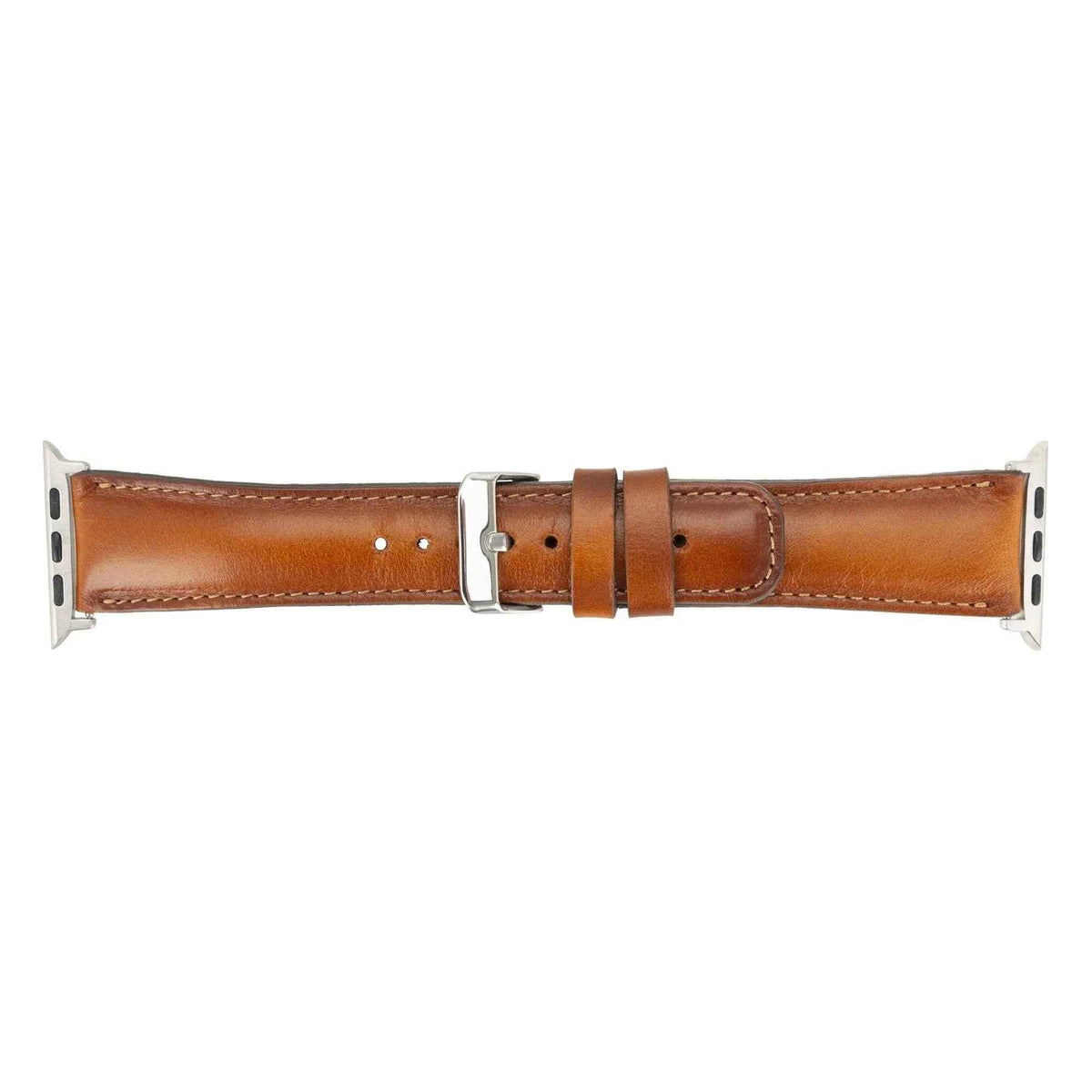 Side angle view of tan leather Apple Watch band highlighting thickness and texture.