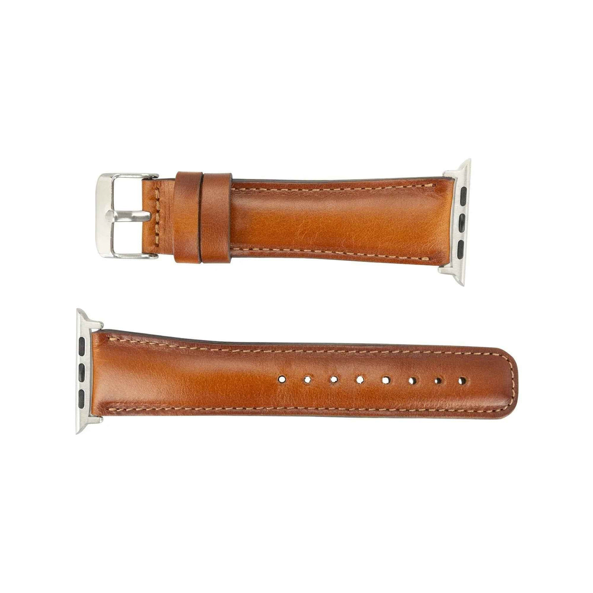 Tan leather Apple Watch band curved showing stitching and buckle on white backdrop.