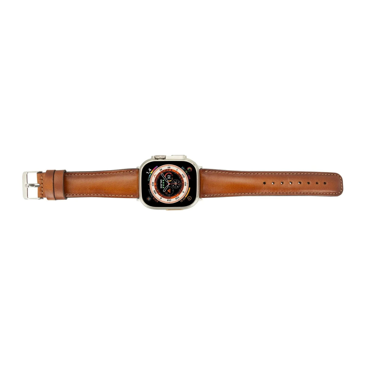 Close-up of tan leather Apple Watch band showing texture and stitching detail.