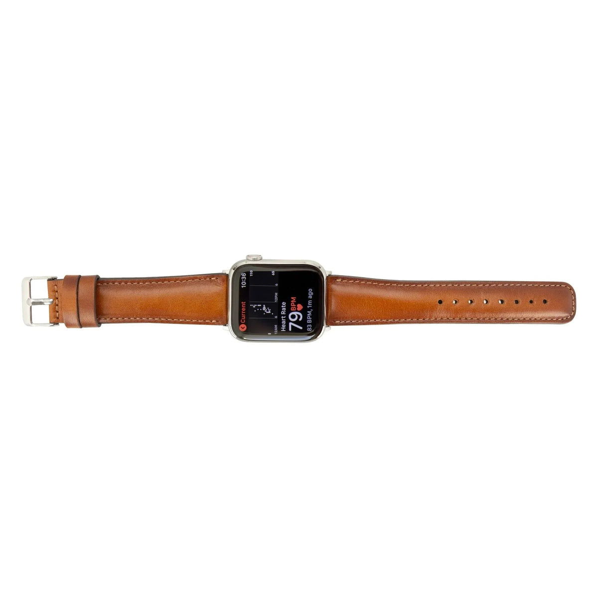 Leather Apple Watch band laid out with buckle and strap holes visible.