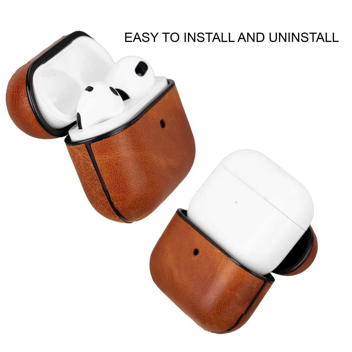 Slim black leather AirPods 3 case with keychain attachment, showing protective design.