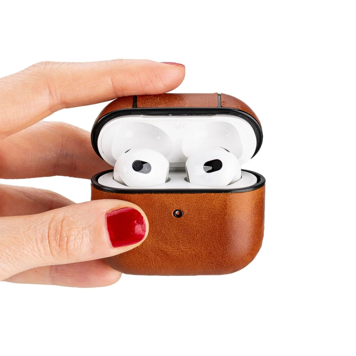 Pink leather AirPods 3 case with secure snap closure, designed for scratch protection.