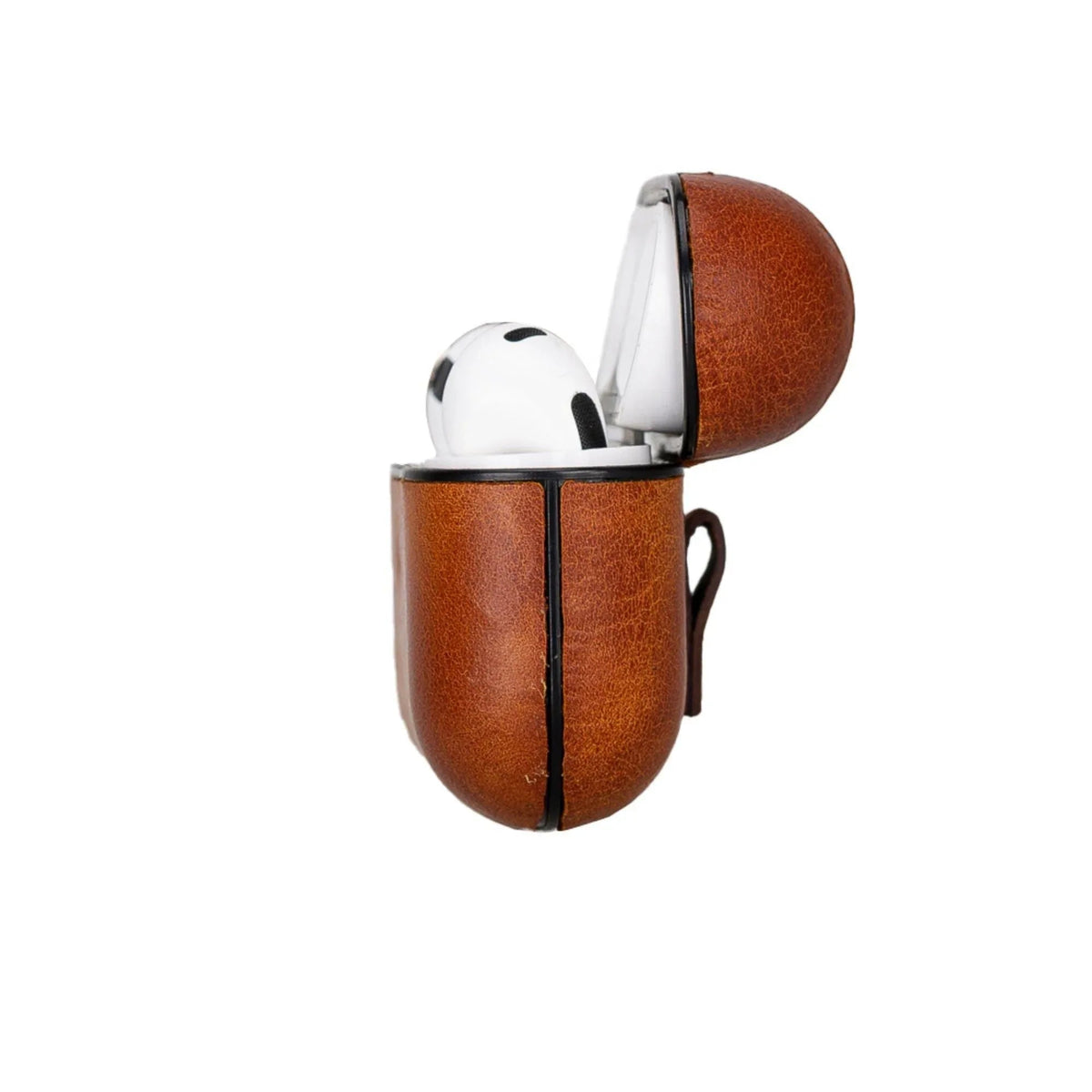 Hand holding dark brown leather AirPods 3 case demonstrating lightweight and easy to carry.