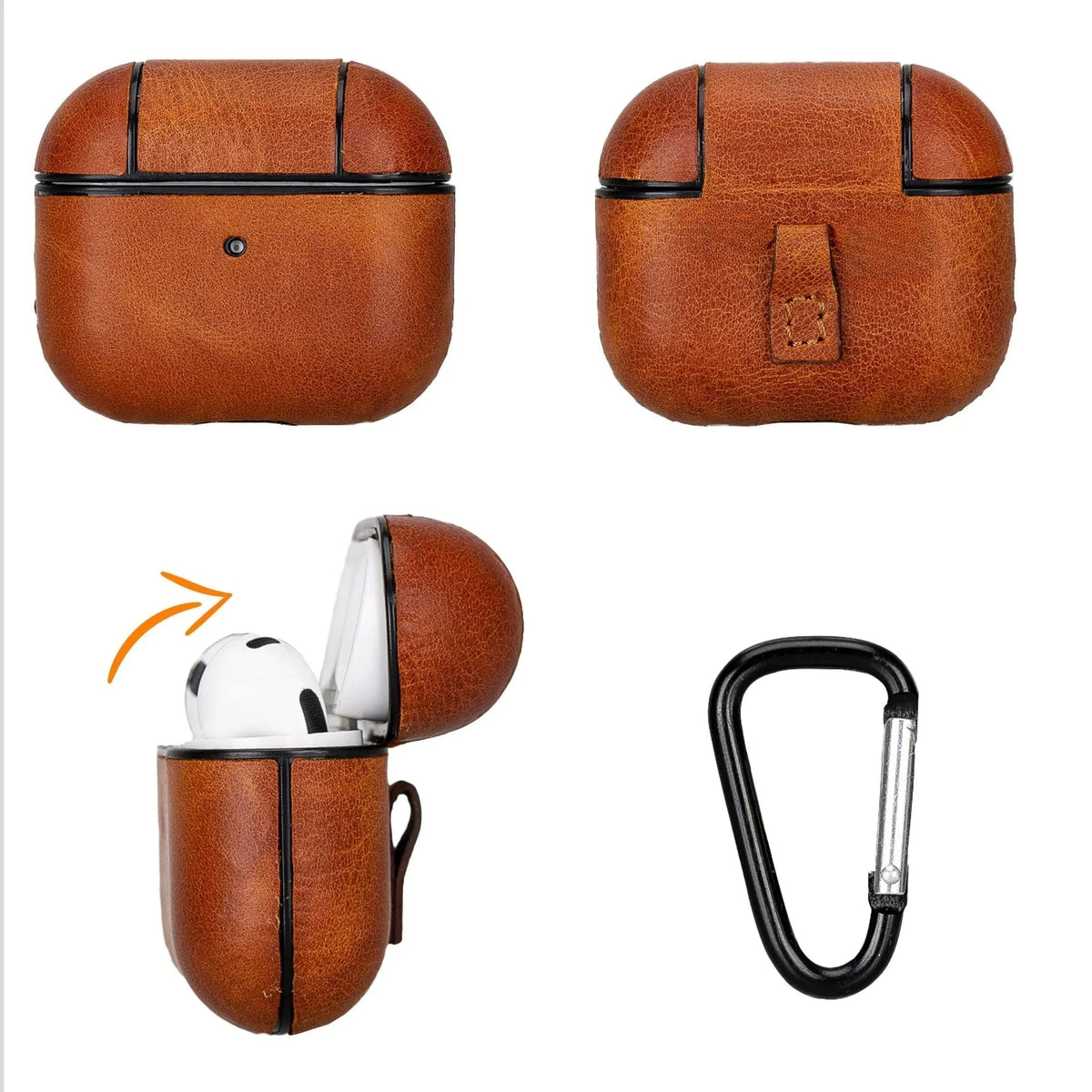 Top view of white leather AirPods 3 case highlighting smooth texture and charging port access.