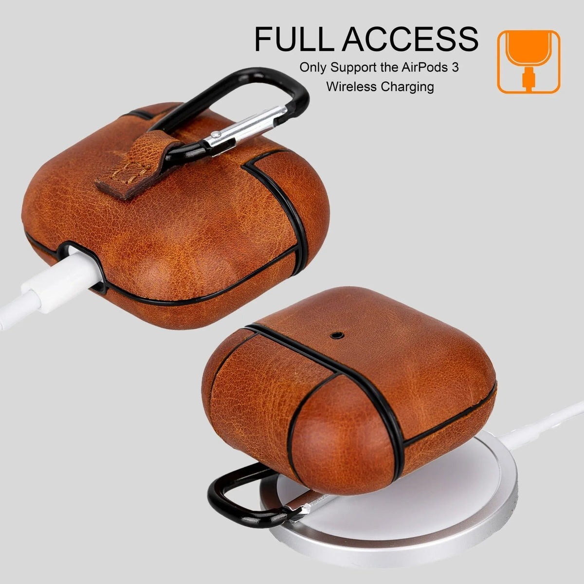 Close-up of open brown leather AirPods 3 case showing soft interior and precise cutouts.