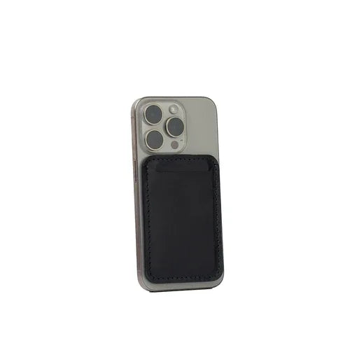 Navy blue leather wallet with MagSafe compatibility, flat on white backdrop.