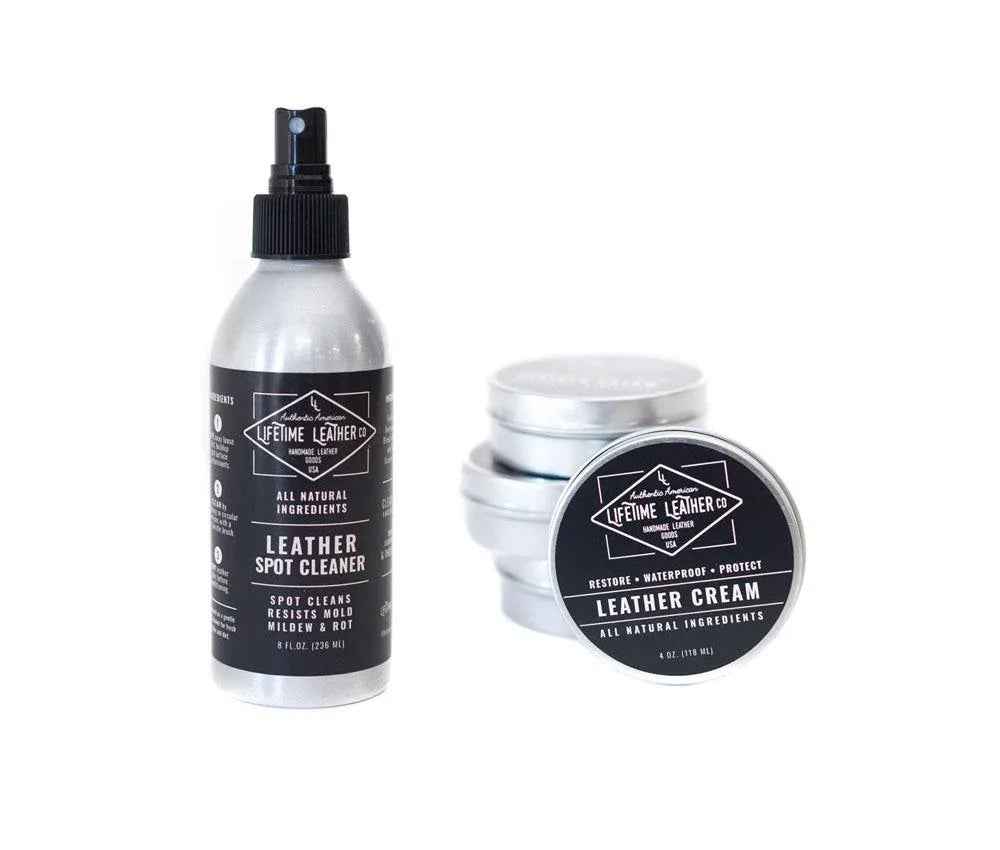 Leather Care Kit showing spot cleaner and leather cream containers on a white background
