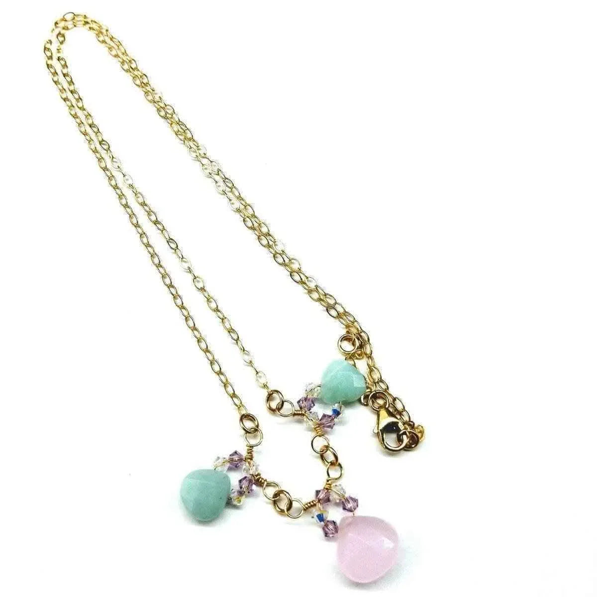 Detailed view of 14 K gold filled necklace featuring pink chalcedony and mint amazonite gemstone drops