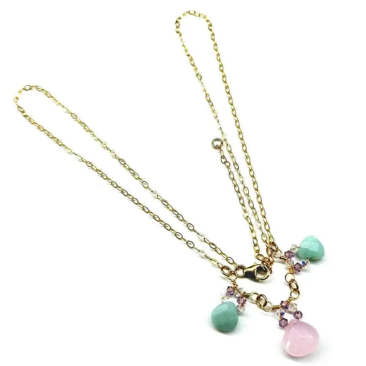 Light pink and mint chalcedony briolette necklace with sparkling crystals on a gold filled chain
