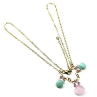 Light pink and mint chalcedony briolette necklace with sparkling crystals on a gold filled chain