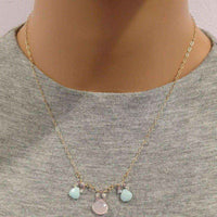 Beautiful light pink chalcedony and mint green gemstone necklace with delicate crystals on gold chain