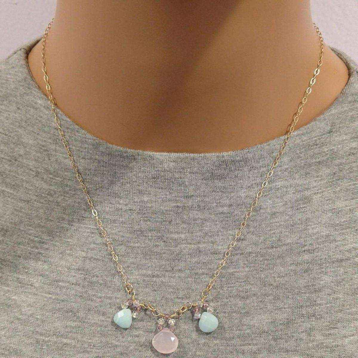 Beautiful light pink chalcedony and mint green gemstone necklace with delicate crystals on gold chain