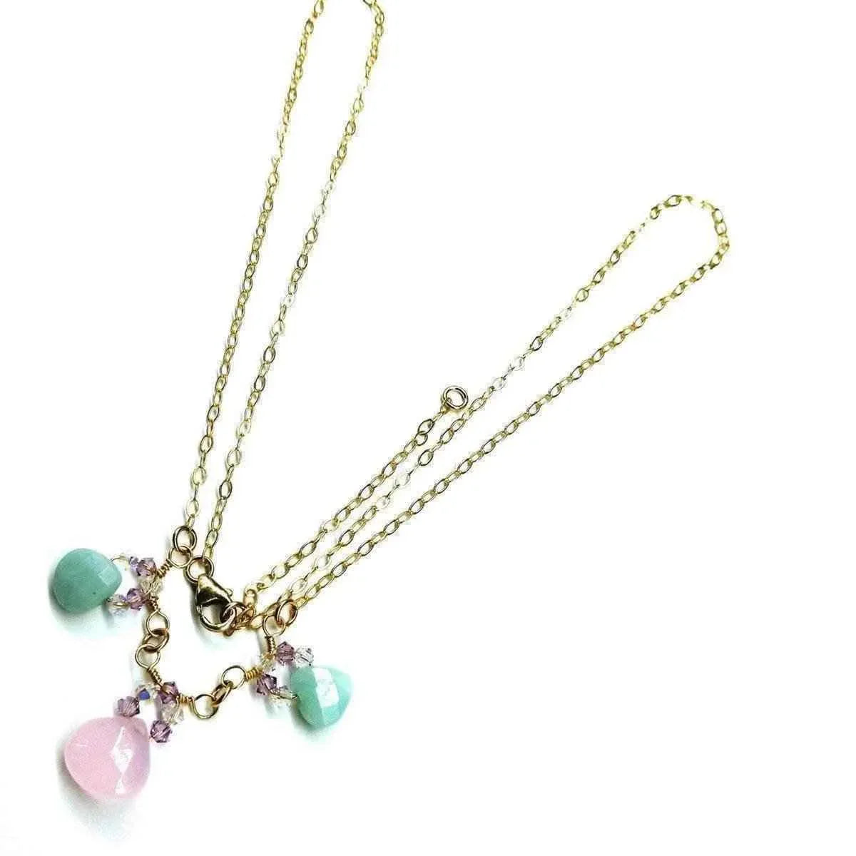 Adjustable 14 K gold filled necklace with light pink and mint chalcedony stones and crystal accents