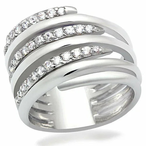 Side angle of shiny rhodium brass ring showcasing clear AAA grade cubic zirconia stone.