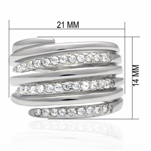 Top view of polished rhodium brass ring featuring a sparkling clear cubic zirconia.
