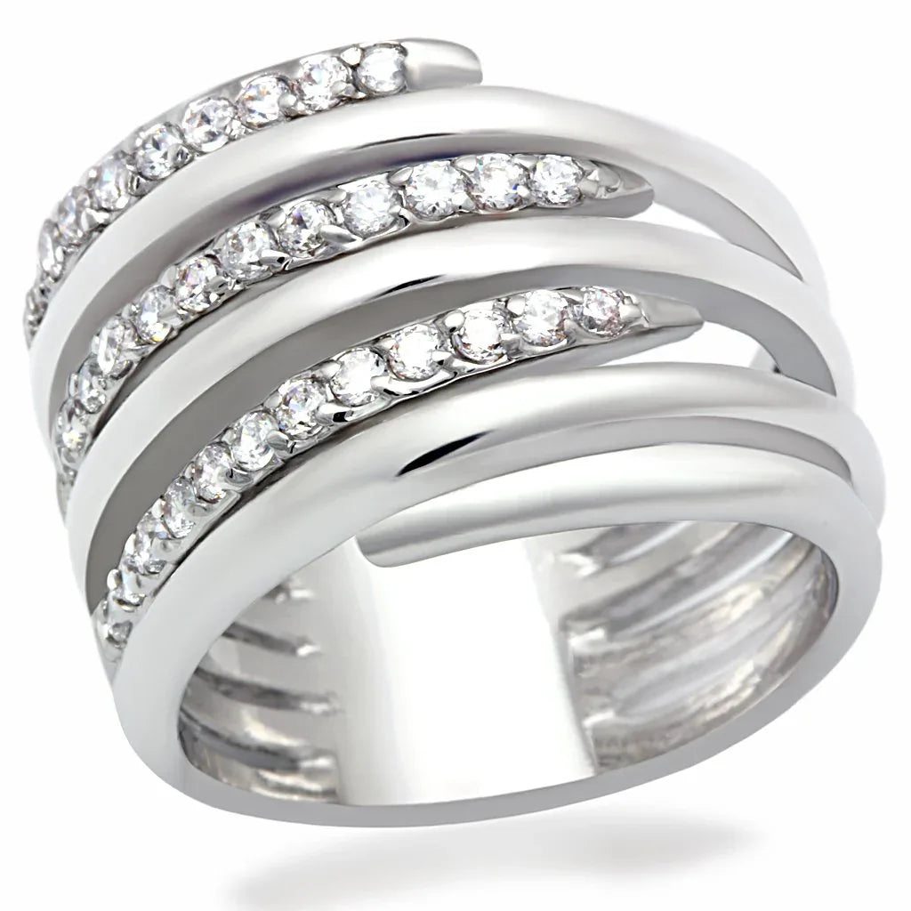 Close-up of rhodium brass ring with clear AAA grade CZ center stone on white background.