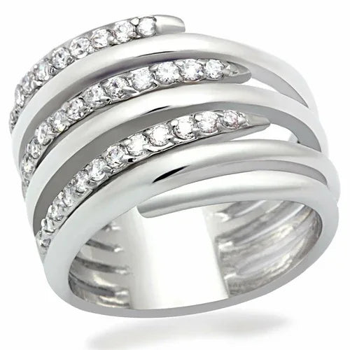 Rhodium brass ring with clear CZ stone displayed against a soft, neutral backdrop.