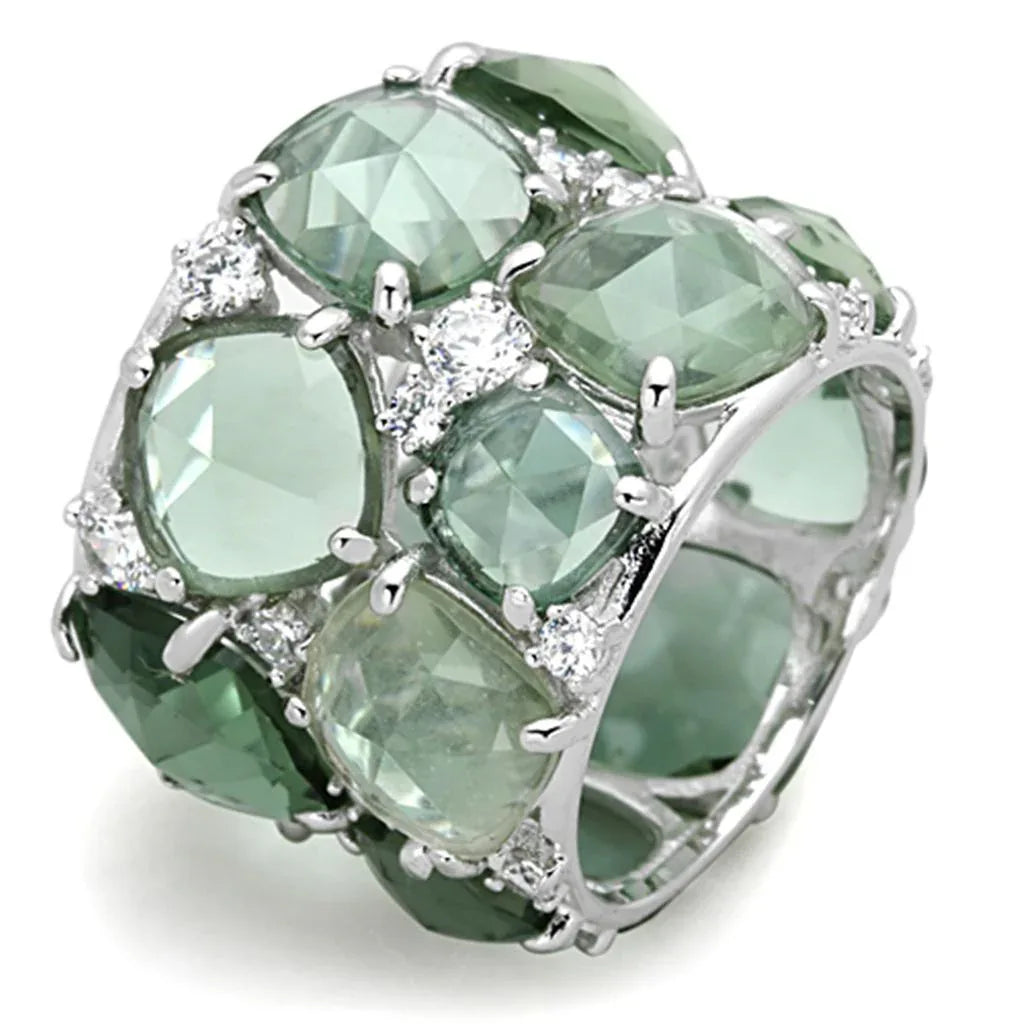 Rhodium-finished 925 sterling silver ring with emerald green synthetic glass stone, elegant jewelry piece.