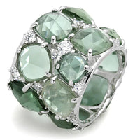 Rhodium-finished 925 sterling silver ring with emerald green synthetic glass stone, elegant jewelry piece.