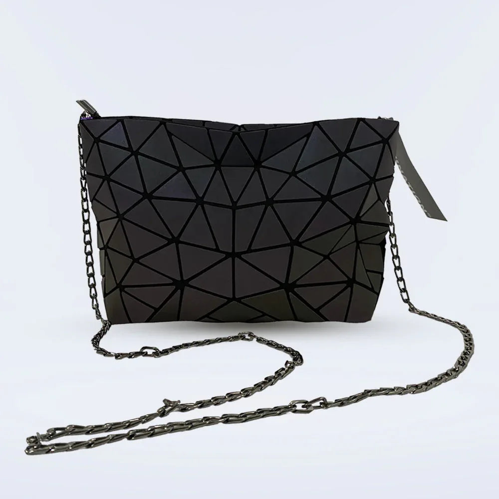 Top angle of the Lumination Holographic Purse displaying its color-shifting holographic material.