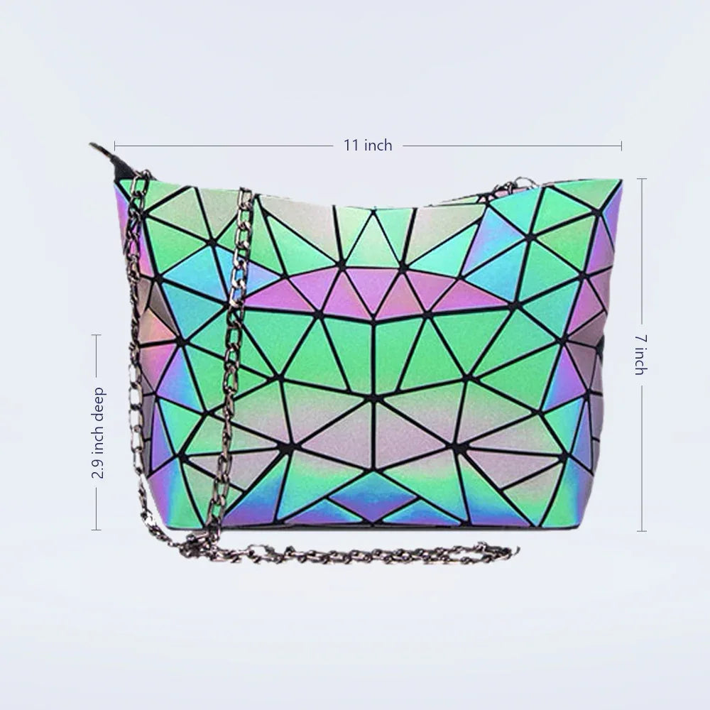 Close-up of the purse's holographic texture with vibrant, shifting colors on a soft surface.