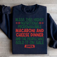 Black sweatshirt displaying bright macaroni and cheese graphic centered on chest.