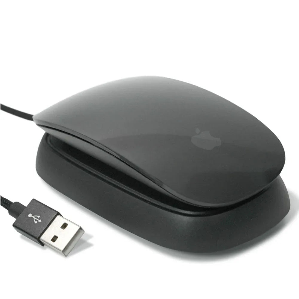 Dark grey Ascrono Magic Mouse 2 Charger with Apple Magic Mouse 2 placed on charging stand.
