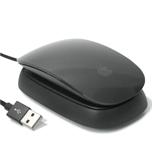 Dark grey Ascrono Magic Mouse 2 Charger with Apple Magic Mouse 2 placed on charging stand.