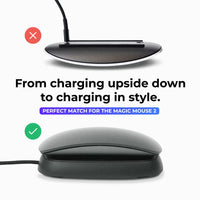 Top view of white Magic Mouse 2 on Ascrono charging stand with braided charging cable attached.