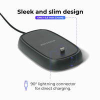 Dark grey Magic Mouse 2 charger with Lightning cable connected, displaying charging ready state.